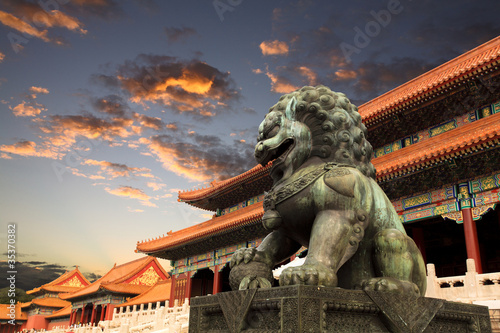 the forbidden city with sunset glow in beijing