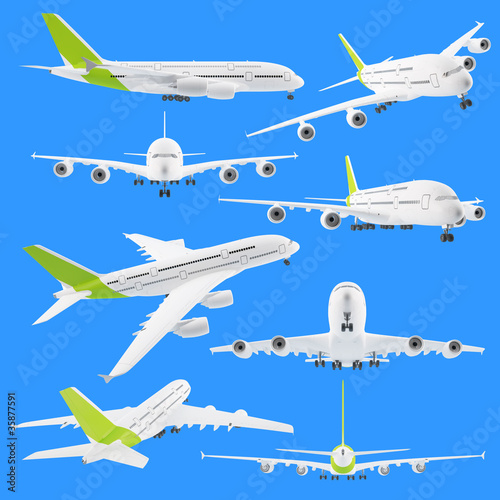 Set of different views of airplane airbus isolated on blue