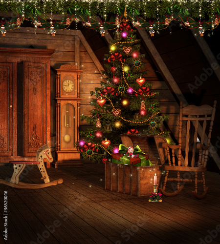 Pokój na strychu ze świątecznymi ozdobami