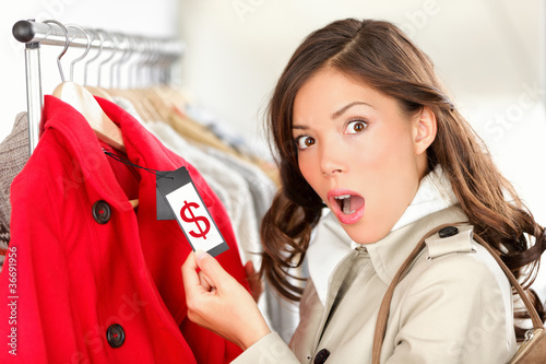 shopping woman shocked over expensive price