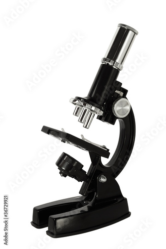 Black scientific modern microscope side view isolated