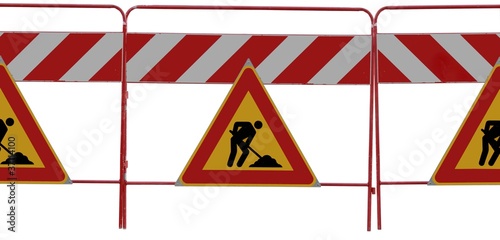Line of "man at work" signs on white