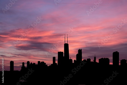 Chicago Skyline at sunset with beautiful sky illustration