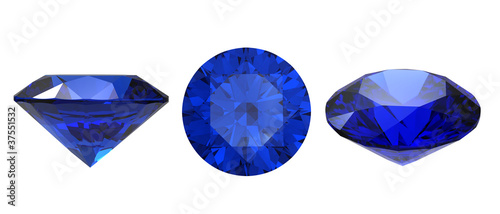 Round blue sapphire isolated on black background. Gemstone