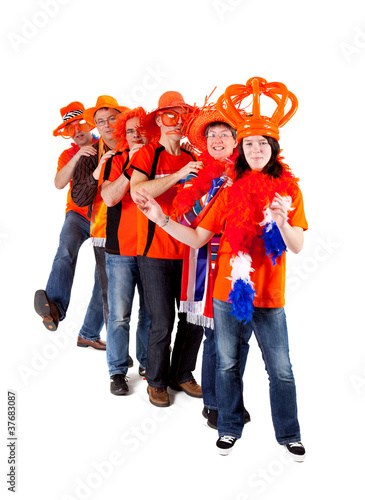 Group of Dutch soccer fans in polonaise