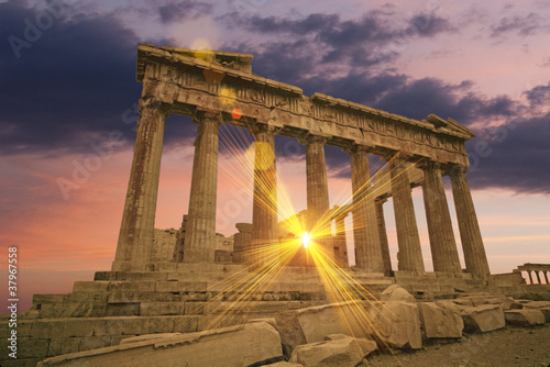 The Parthenon Greek temple at sunset on the acropolis