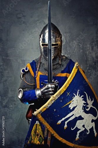 Medieval knight on grey background.