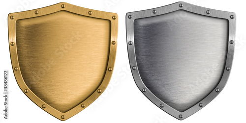 metal shields set silver and gold isolated on white