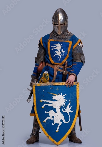 Medieval knight on grey background.