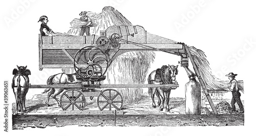 Threshing machine or thrashing machine vintage engraving