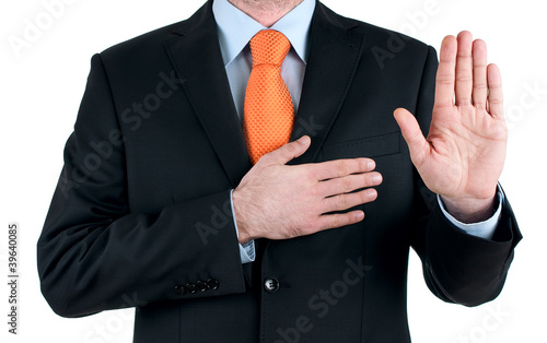 young businessman oath Truth on white background