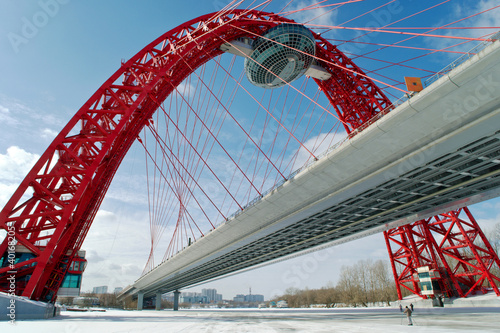 Modern suspended bridge (Zhivopisny bridge) in winter, Moscow Russia