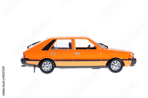 Orange old city car on white background.