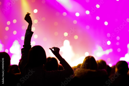 Crowd at a concert, audience raising hands up