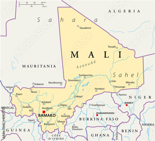 Mali political map with the capital Bamako, national borders, most important cities, rivers and lakes. Illustration with English labeling and scale. Vector.