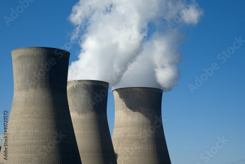 Three cooling towers (closed-loop system) at a power plant.