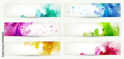 set of six banners, abstract headers with varicolored blots