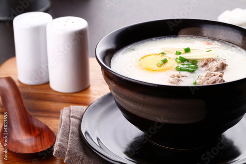 Traditional chinese porridge rice gruel in bowl, congee.