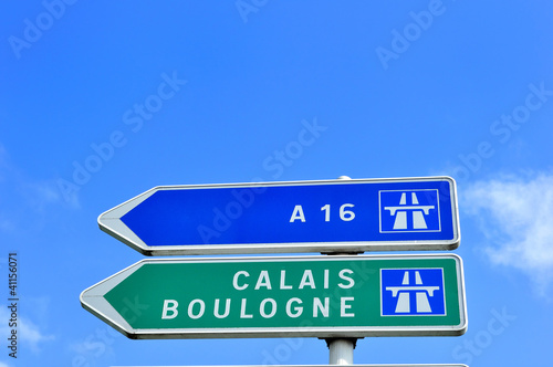 French Road Sign Pointing to Calais and Boulogne (Channel Ports)