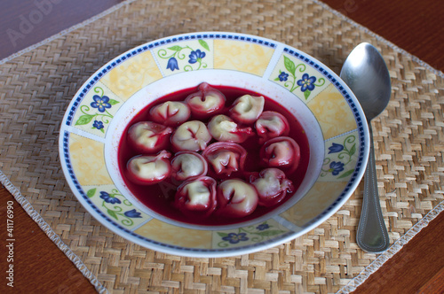 Traditional Polisch christmas borscht with dumplings