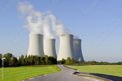 Picturesque nature landscape with nuclear power plant.