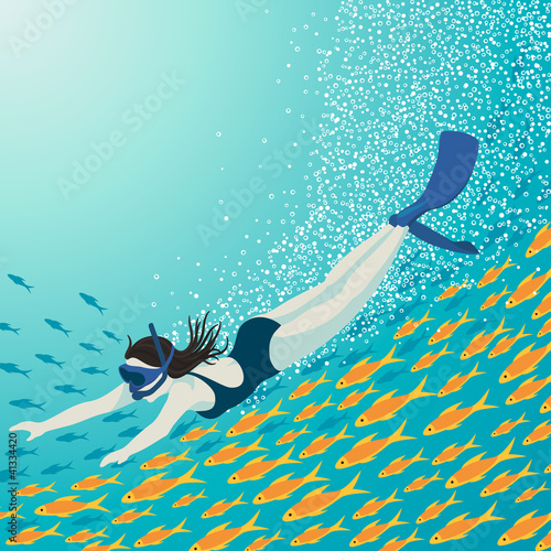 Girl is going snorkeling underwater