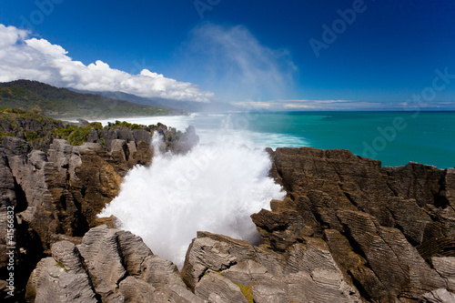 Surf in blowhole Pancake Rocks of Punakaiki, NZ