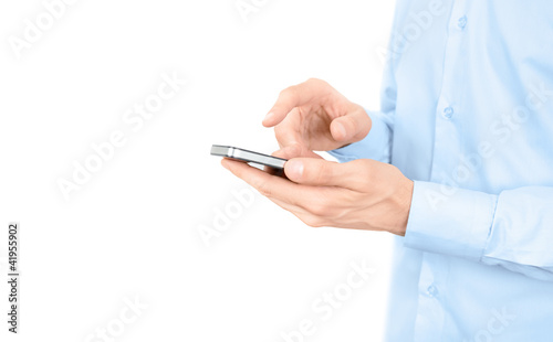 Man using a mobile phone isolated with copy space