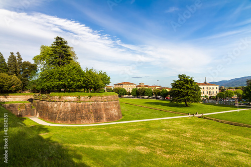 Historic town wall in Lucca, Tuscany, Italy