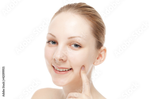 Portrait of beautiful young woman on white background