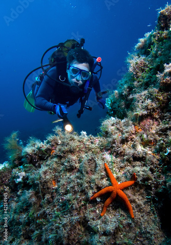 Scuba diver with red starfish