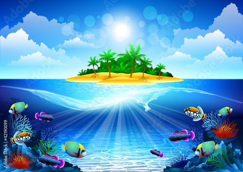 tropical island in the ocean with a coral reef