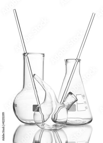 Three empty laboratory glassware with reflection isolated