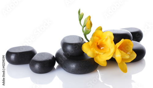 Spa stones and yellow flower isolated on white