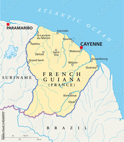 French Guiana political map with capital Cayenne, national borders, most important cities, rivers and lakes. English labeling and scaling. Illustration. Vector.