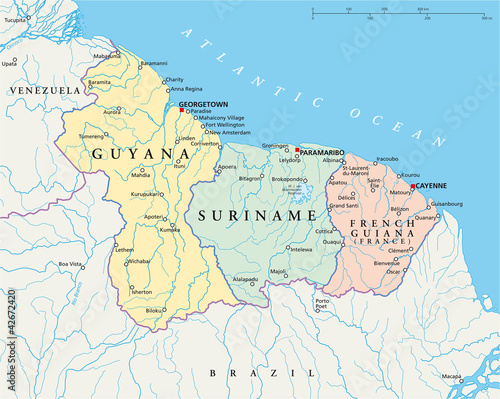 Guyana, Suriname and French Guiana political map with capitals Georgetown, Paramaribo and Cayenne, national borders, important cities, rivers and lakes. Illustration with English labeling. Vector.