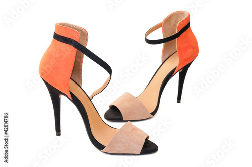 beige orange and black woman high heel shoes