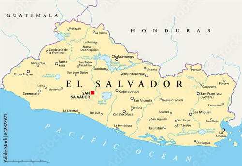 El Salvador political map with capital San Salvador, national borders, most important cities, rivers and lakes. English labeling and scaling. Illustration. Vector.