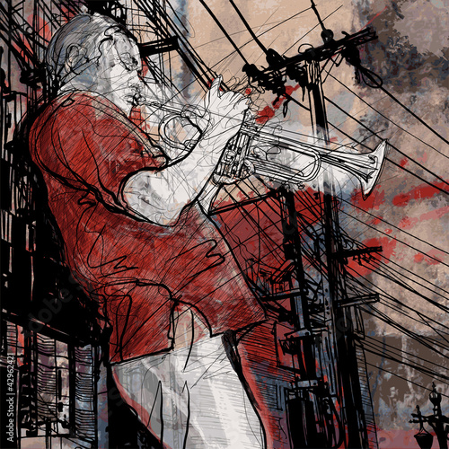 trumpeter on a grunge cityscape background