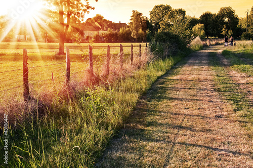 Paysage de campagne française au coucher du soleil, chemin ar clôture dans les champs à Vaas, Sarthe - France