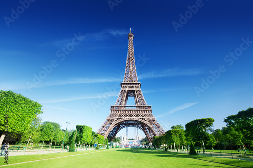 sunny morning and Eiffel Tower, Paris, France