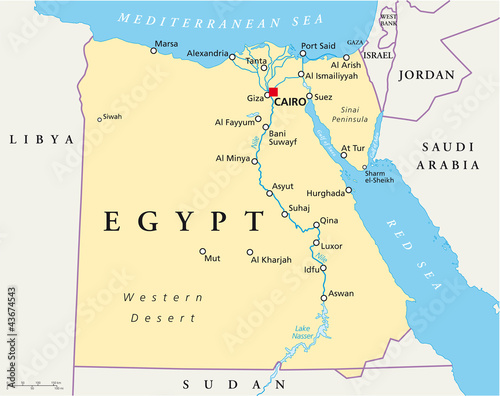 Egypt political map with capital Cairo, Nile, Sinai Peninsula and Suez Canal. Arab Republic of Egypt with international borders and neighbor countries. Illustration. English labeling. Vextor.