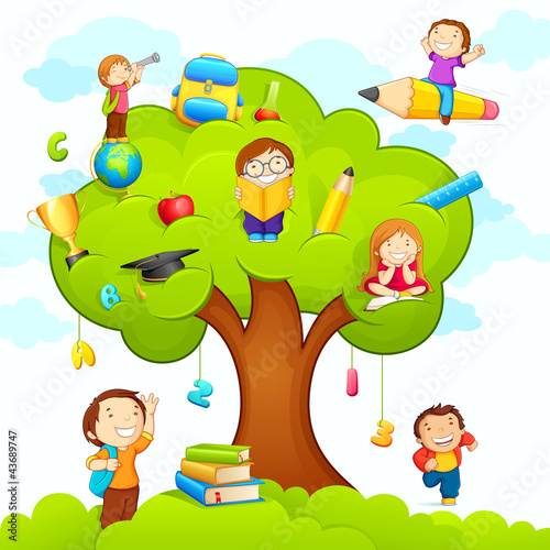 vector illustration of kids studying on education tree