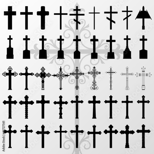 Vintage old cemetery crosses and graveyard cross silhouettes ill