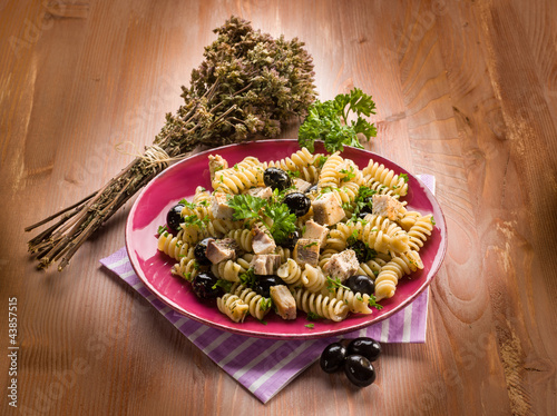 fusilli with swordfish and black olives