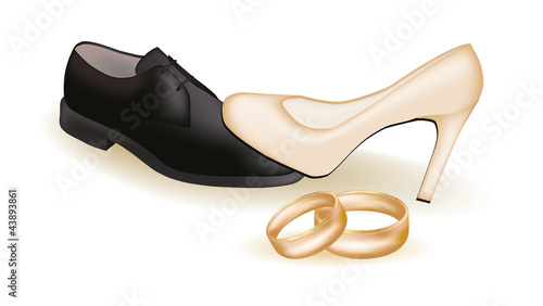 Wedding shoes and golden rings, vector illustration