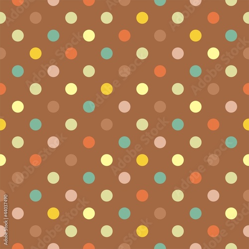 Seamless vector pattern, colorful polka dots on brown background