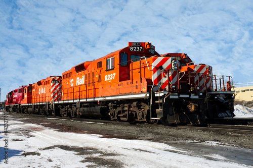 heavy diesel north american locomotive in winter