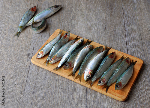 Fresh sardines on wooden board