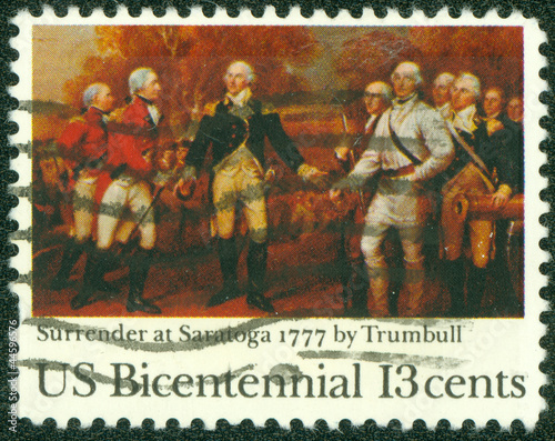 stamp shows Painting Surrender of Burgoyne at Saratoga